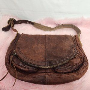Lucky Brand Stash Brown Lamb Distressed Leather Fold Over Shoulder Hobo Bag